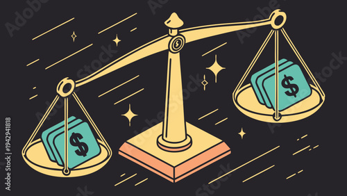 A vector graphic illustration of a balance scale with money on both sides, symbolizing financial equilibrium and fairness.