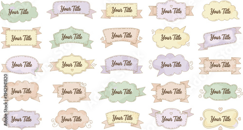 Collection of decorative title banners vector illustration with colorful frames, ribbons, hearts, swirls, and creative pastel designs