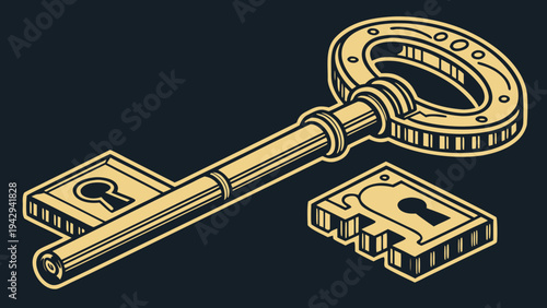 A gold key and lock icon in a minimalist flat design style