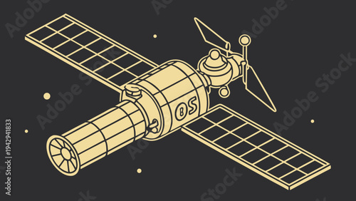 A gold-colored vector graphic illustration of a satellite in space with solar panels and stars