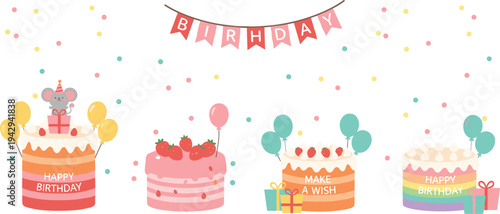 Colorful birthday cakes vector illustration with balloons, confetti, presents, party decorations, cheerful banner, and celebratory festive design