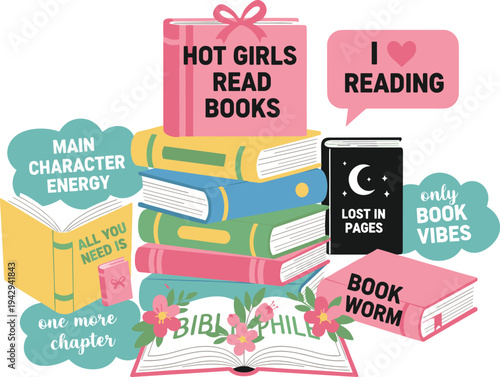 Colorful book illustrations with reading quotes and phrases