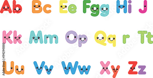Colorful cartoon alphabet vector illustration with uppercase and lowercase letters, smiling faces, playful expressions, and educational design