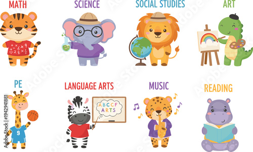 Colorful cartoon animals representing school subjects including math, science, art, music, reading, and physical education