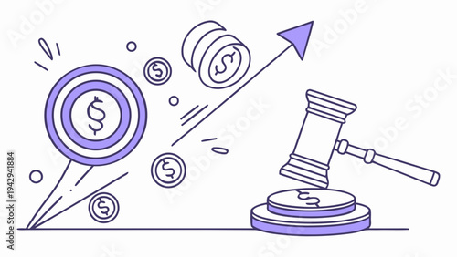 A vector graphic illustration of a gavel and coins with an arrow pointing upwards, symbolizing justice and financial growth.