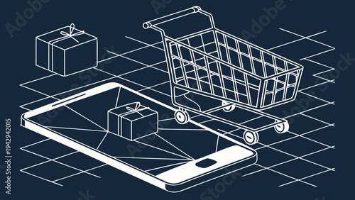 A minimalist vector graphic illustrating online shopping with a smartphone, shopping cart, and gift boxes.