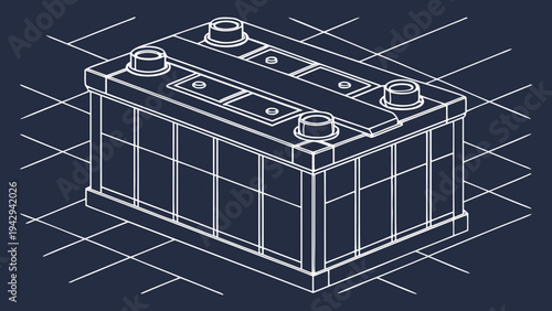 A technical illustration of a car battery in a minimalist line art style