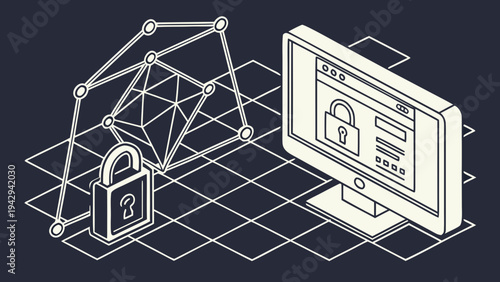 A vector graphic illustration of a computer with a padlock on the screen, surrounded by a network and a physical padlock, representing cybersecurity and online protection.