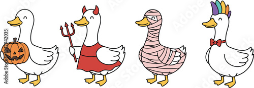 Funny cartoon ducks in colorful Halloween costumes including pumpkin, devil, mummy, and rainbow mohawk festive illustration
