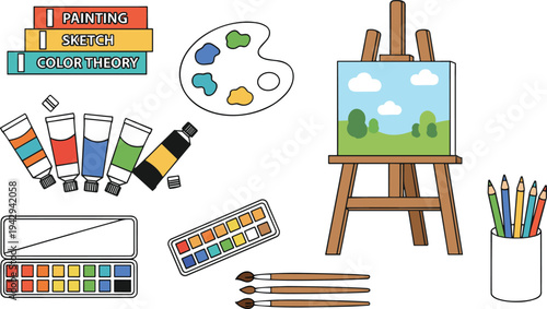 Professional Art Supplies Collection Vector Set Featuring Painter Palette Easel Canvas Paint Tubes Brushes Pencils and Art Books Illustration.