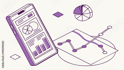 A vector graphic illustration of a smartphone displaying various charts and graphs alongside a notebook with a line graph and a pie chart, symbolizing data analysis and business strategy.