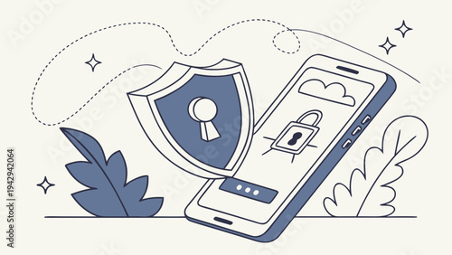 A vector graphic illustration of a smartphone with a shield and lock symbolizing mobile security and protection.