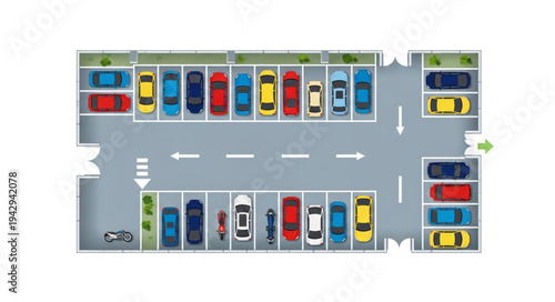 Aerial view of a busy parking lot filled with cars.