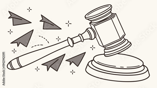 A vector graphic illustration of a gavel with paper airplanes flying around it, symbolizing justice and communication.