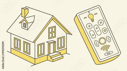 A vector graphic illustration of a house with a remote control for smart home automation