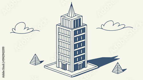 A minimalist vector illustration of a modern skyscraper with a pointed roof and a flat base, surrounded by small pyramids and clouds.