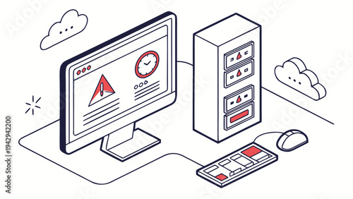 A vector graphic illustration of a computer system with warning signs indicating potential security threats or system alerts.