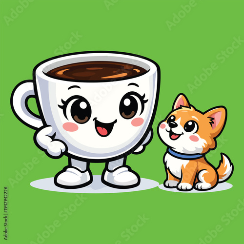Adorable kawaii illustration of a smiling cartoon coffee cup mascot with a cute puppy companion on a green background. Perfect for coffee lovers and mascot design