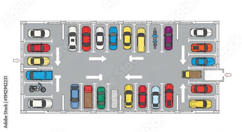 Aerial view of a busy parking lot with many cars.