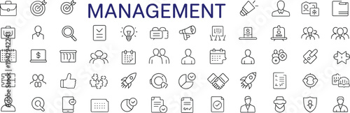 Assorted outline icons for management and business on a white background briefcase
