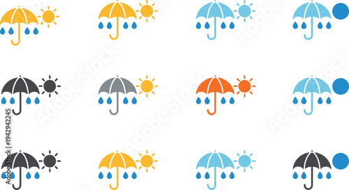 Umbrella weather icons with sun and raindrops in colorful variations illustration