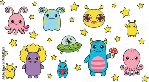 Cartoon aliens and monsters with stars, flying saucer, and colorful fantasy characters in playful space design