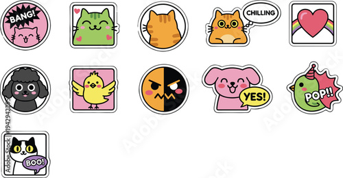Cartoon animal stickers with cats, dogs, birds, hearts, and playful speech bubbles in colorful design