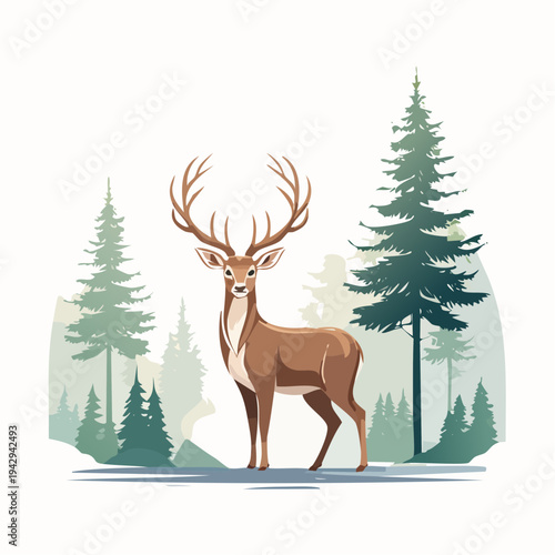Majestic Deer with Antlers in a Serene Forest Landscape Illustration