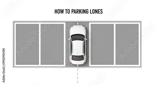 Top view of a white car parked between two parking spaces.