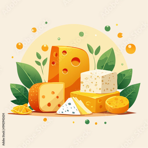 A Delicious Assortment of Cheeses Surrounded by Fresh Green Leaves and Citrus Fruits