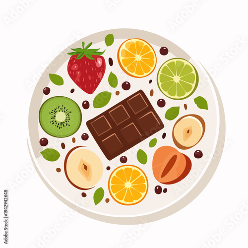 A delightful and vibrant fruit and chocolate dessert arrangement on a plate