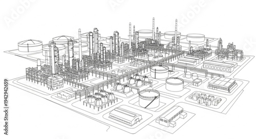 Industrial Complex Technical Drawing Illustration.