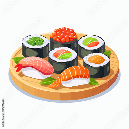 Delicious assortment of traditional Japanese sushi and maki rolls, freshly prepared and beautifully arranged on a rustic wooden serving board