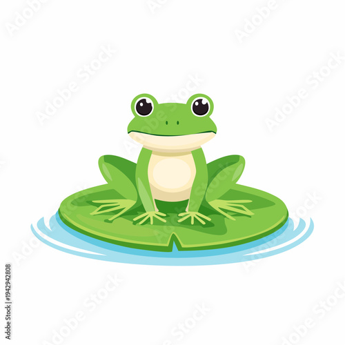 Cute green frog sitting on a lily pad in water, isolated on white background