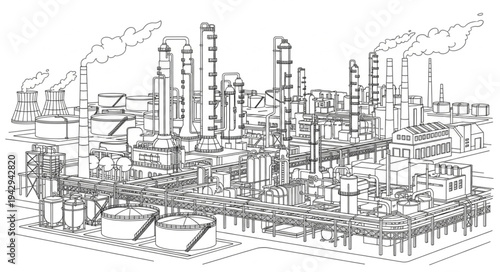Industrial Complex with Factories and Smokestacks.
