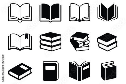 Assortment of book icons in black and white silhouette style books open book