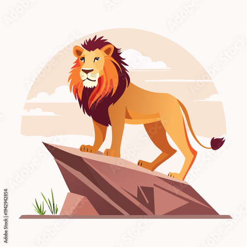 Magnificent illustration of a powerful lion standing on a rocky outcrop, symbolizing courage and wild grace