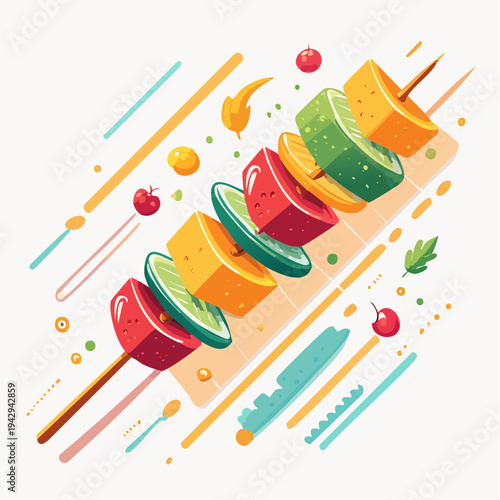 Vibrant Fruit Skewer Illustration Featuring Fresh Tropical Delights, Perfect for Healthy Summer Snacking Concepts