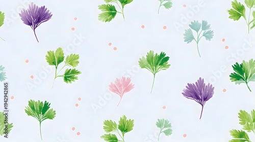 Minimalistic design with elegant watercolour brushstrokes creating a spaced pattern of delicate parsley elements  The soft pastel background adds a gentle airy and charming feel