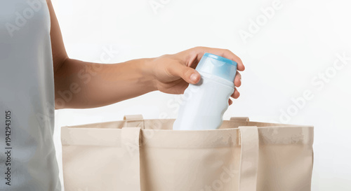 Person putting white bottle into eco friendly canvas tote bag