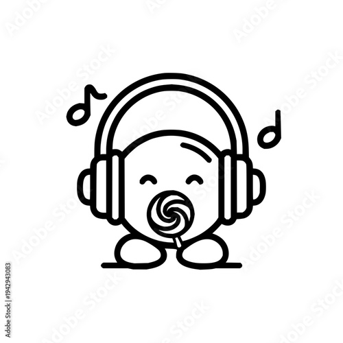 A cute baby wearing headphones and sucking on a lollipop with musical notes around symbolizing joy and relaxation
