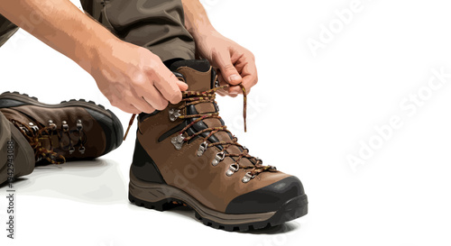 Man tying brown hiking boots laces on rugged outdoor footwear