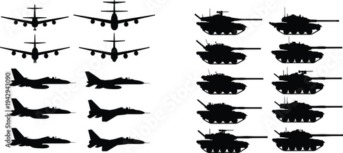 Military Silhouette Vector Collection Featuring Detailed Tactical Jet Fighters Heavy Armored Battle Tanks and Large Cargo Airplanes Isolated on a Plain White Background