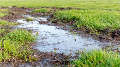 Melting snow on green grass ground. Puddle of water after thaw in early spring field. Wet soil and mud landscape with fresh vegetation. Natural environmental change and seasonal transition.