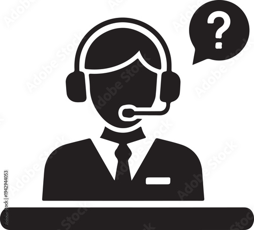 Customer support representative with headset and question mark a stark silhouette high quality