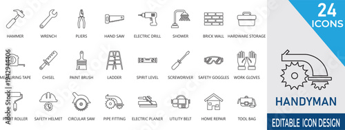 Professional stroke icons of handyman , shower, plumbing, worker, carpentry, maintenance , goggles, and on-demand house fixing UI.