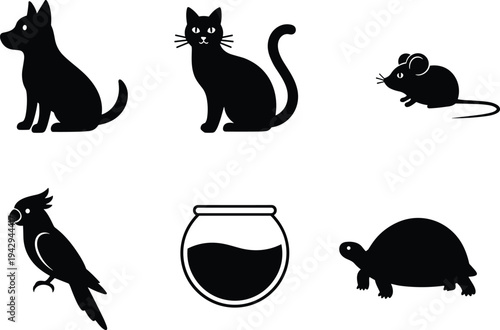 Black silhouettes of pet animals and a fishbowl white background