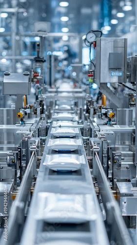Automated production line with machinery and conveyor belts in modern factory.