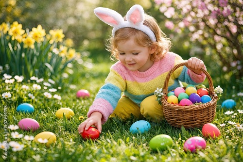 Smiling child wearing bunny ears collecting colorful Easter eggs in spring meadow with blooming flowers
