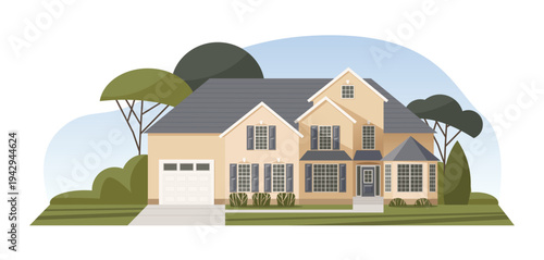 Real Estate Buying. Modern House Front View Isolated on White. Flat Vector illustration.